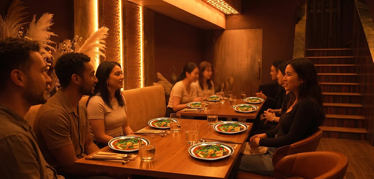 Group of diners chatting at wooden tables in a warmly lit dining room with plated dishes and water glasses