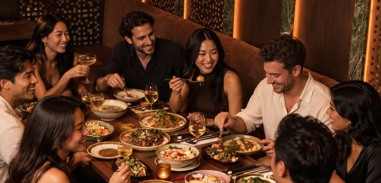 Group of friends laughing and sharing plates of food with glasses of white wine at a candlelit banquette table