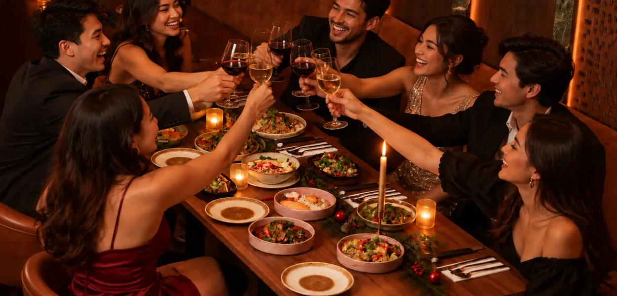 Group of friends raising wine glasses in a toast at a candlelit Christmas table with Thai dishes at Nara Thai