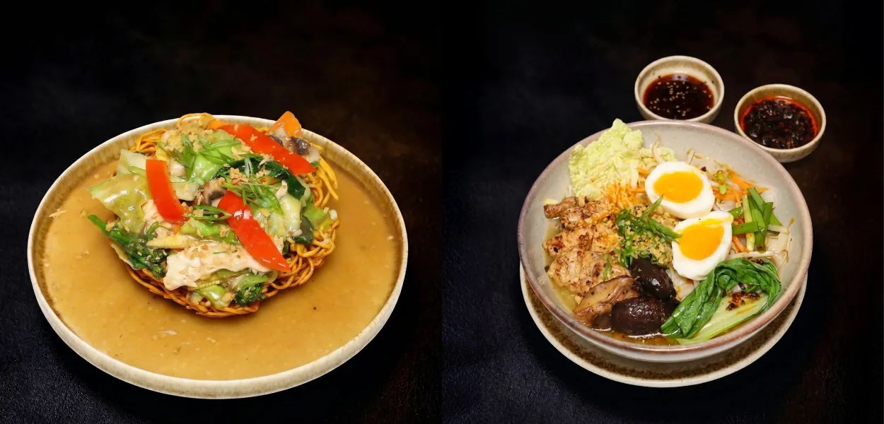 Crispy noodles with chicken and vegetables in sauce beside a chicken noodle bowl with soft-boiled eggs at Nara Thai