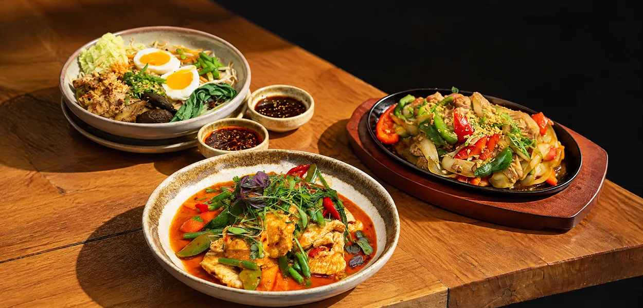 Orange curry with chicken and green beans, a noodle bowl with soft-boiled eggs and a sizzling stir-fry at Nara Thai