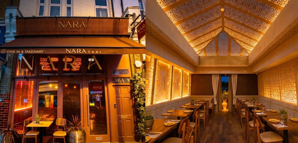 Nara Thai frontage in Chiswick on the left and the lit dining room with laid tables on the right