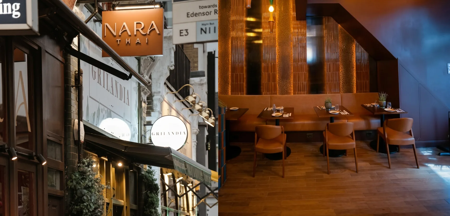 Nara Thai hanging sign on the street in Chiswick and a dining area with banquette seating and leather chairs